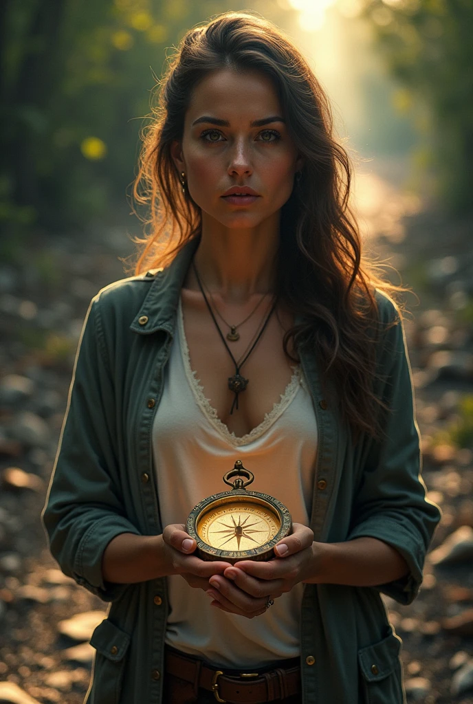 A woman holding a compass with a broken path filled with obstacles in front of her, but a glowing, clear path emerging as she takes each step forward.