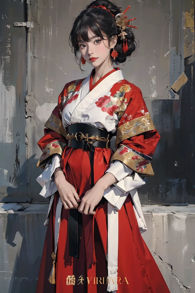 (Ultra-detailed, photorealistic, best quality, 4k, 8k, highres, masterpiece:1.3), (Vogue magazine cover), (Vogue Style Cover), 1 female, age 18, Japanese, perfect body shape, confident and powerful appearance, wearing a Samurai Chic Aodai - Vietnamese traditional clothes with Samurai-inspired armor details, sleek black and red colors, metallic accents, high collar, wide belt, full body showcase, no logos on background, a background with elements of traditional Japanese architecture, strength and elegance combined.
