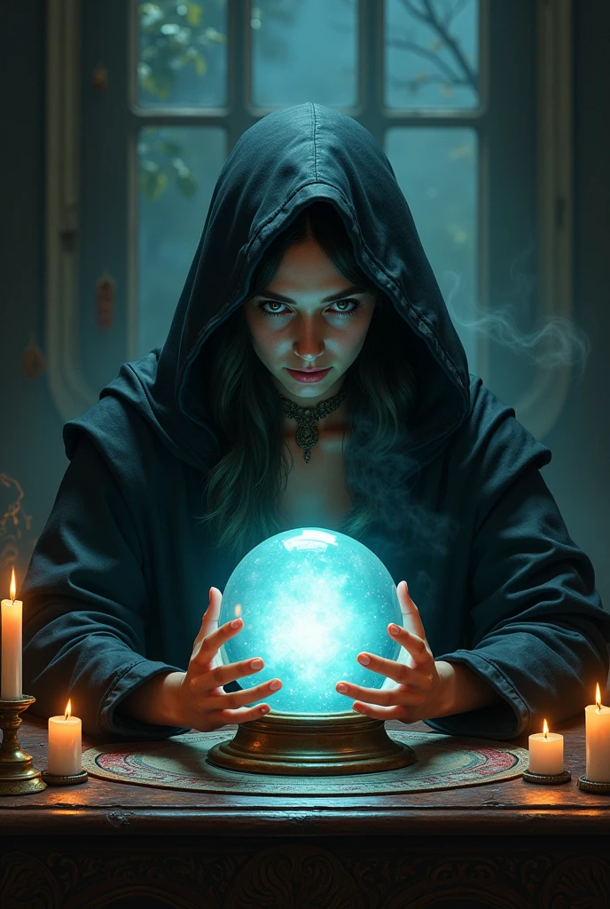 Create a fortune teller woman looking straight ahead and sitting at a table with a crystal ball 