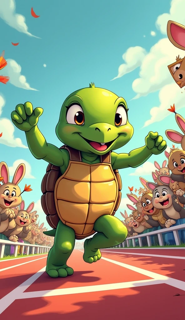 The turtle is crossing the finish line triumphantly. Other animals are cheering.

Show as cartoons