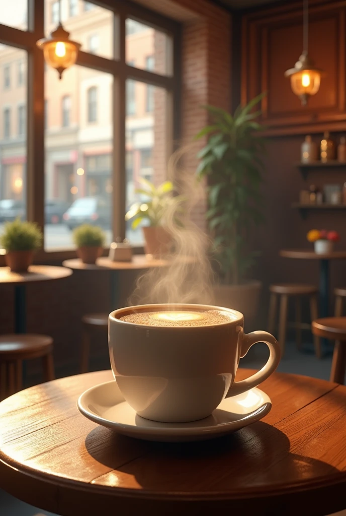 Please create a realistic image for me with the following things: a cup of coffee steaming in a beautiful coffee shop 