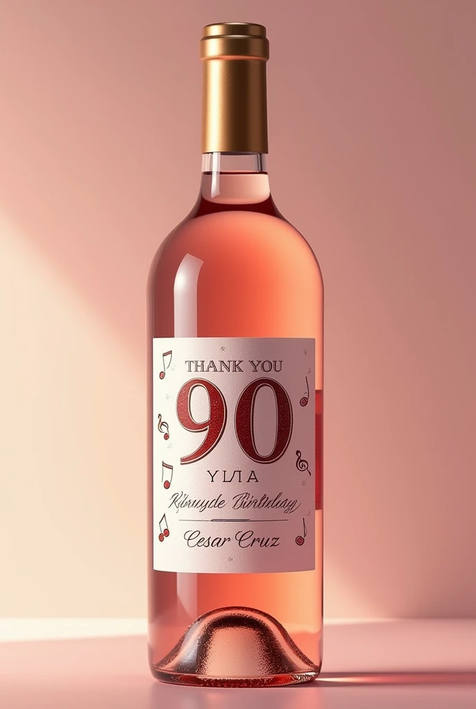 Personalized label on rose wine that says my 90 years CESAR CRUZ PAPASHE thank you for attending with musical notes