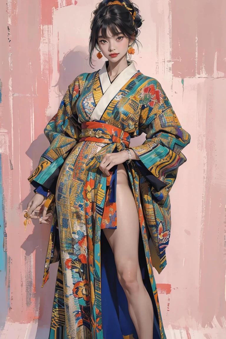 (Ultra-detailed, photorealistic, best quality, 4k, 8k, highres, masterpiece:1.3), (Vogue magazine cover), (Vogue Style Cover), 1 female, age 18, Japanese, tan skin, perfect body shape, exotic and powerful appearance, wearing a Neo-Futuristic Tribal Kimono - Japanese traditional clothes with tribal patterns, elements of African or Latin American tribal fashion, feathers, animal prints, neon-colored accents, reflective materials, standing confidently, full body showcase, no logos on background, dynamic and vibrant background, blending tradition with futuristic energy.
