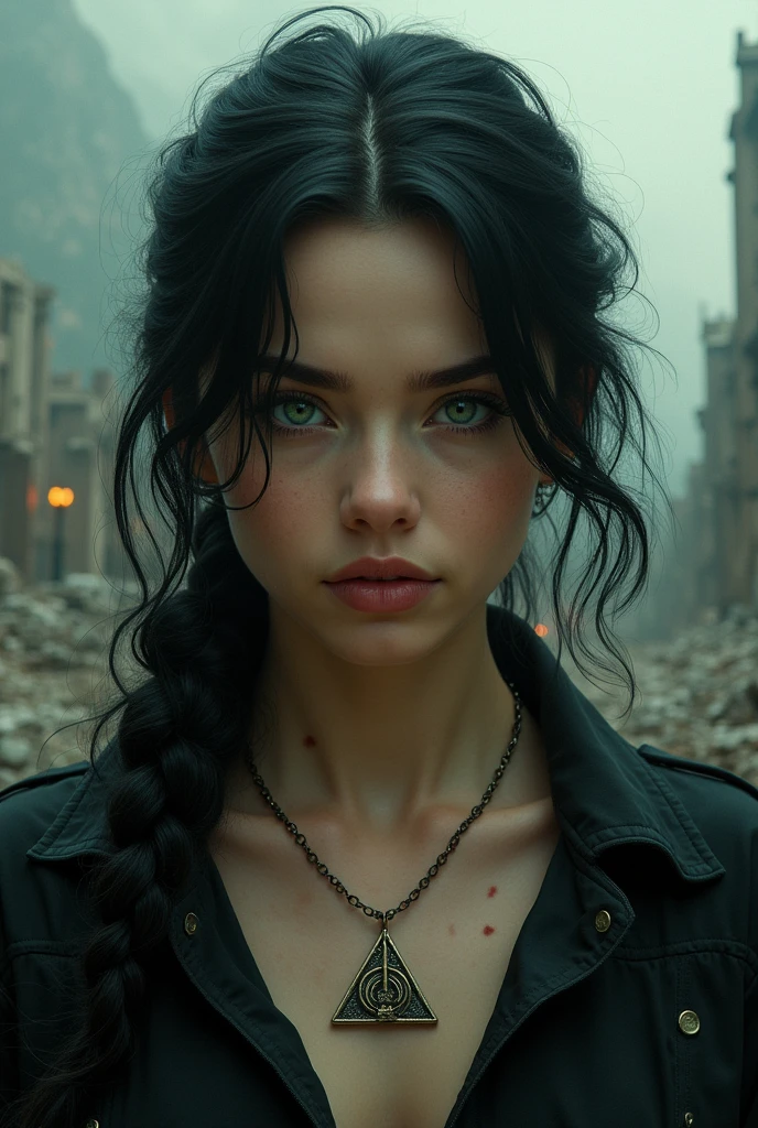 A woman young, with black, slightly wavy hair, half tanned skin, intense green eyes the shade of the killing curse with flashes of red, a mischievous smile on the mouth. His features would be a mix of Harry Potter and Tom Riddle when he was young.. She is standing in front of a landscape of a ruined city, with a necklace of the deathly hallows (the symbol of Grindelwald) in the neck