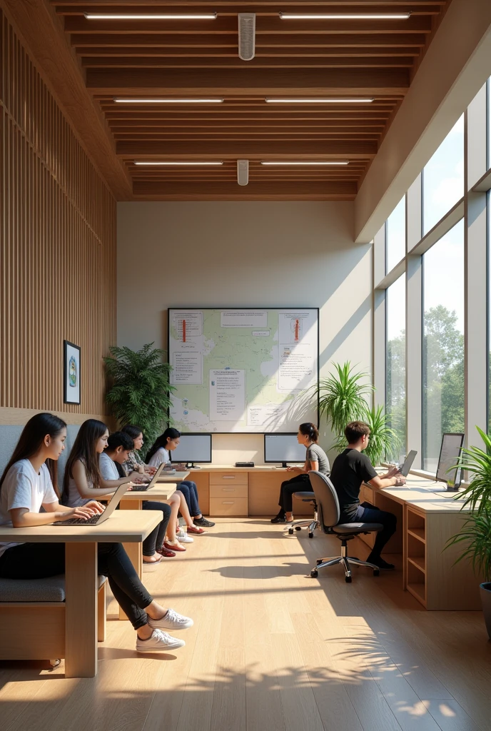 Create private study spaces Designed so that students can study in groups or individually in a private space,
Isolated from noise and equipped with everything necessary to study, as digital boards, desks,
wifi, Computers and tablets available for students to use for work and studying. Students will be able to reserve rooms for a limited time or for a maximum of 24 hours..