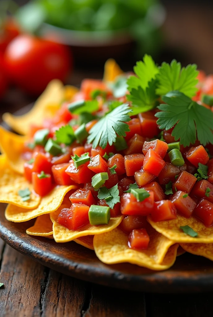 Mixed Nachos with Tomato, cilantro and red sauce