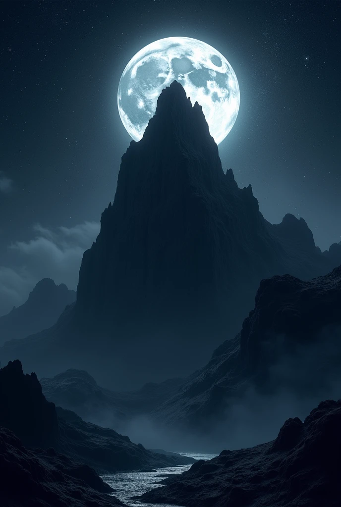 Rock mountain in starry night with close silver moon