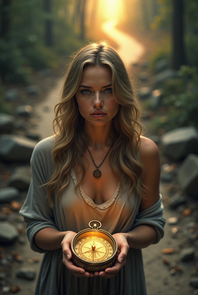  A woman holding a compass with a broken path filled with obstacles in front of her, but a glowing, clear path emerging as she takes each step forward.