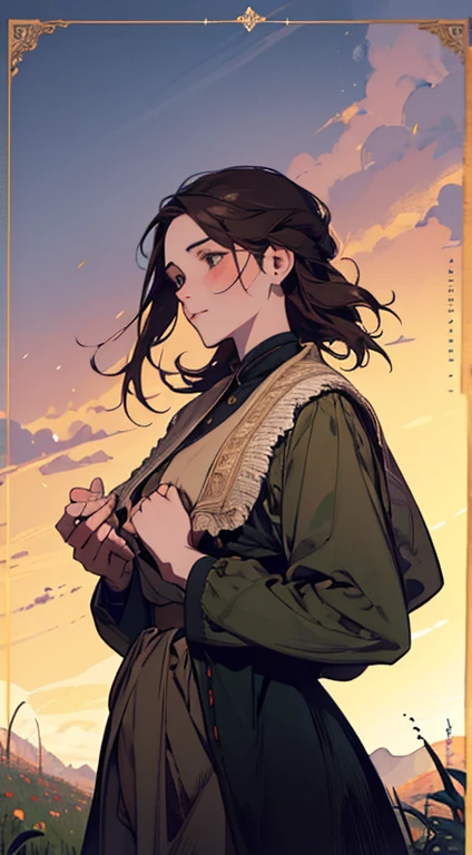 Painting of a woman standing on a hill with flowers in her hands, art by Édouard Bisson, krenzcushart, Opa jeremy lipkin, inspirado em Pierre Auguste Cot, Opa painting style, moebius + Roish + Opa, por Aleksander Gine, Marcos Ariane, inspirado em Cynthia Sheppard