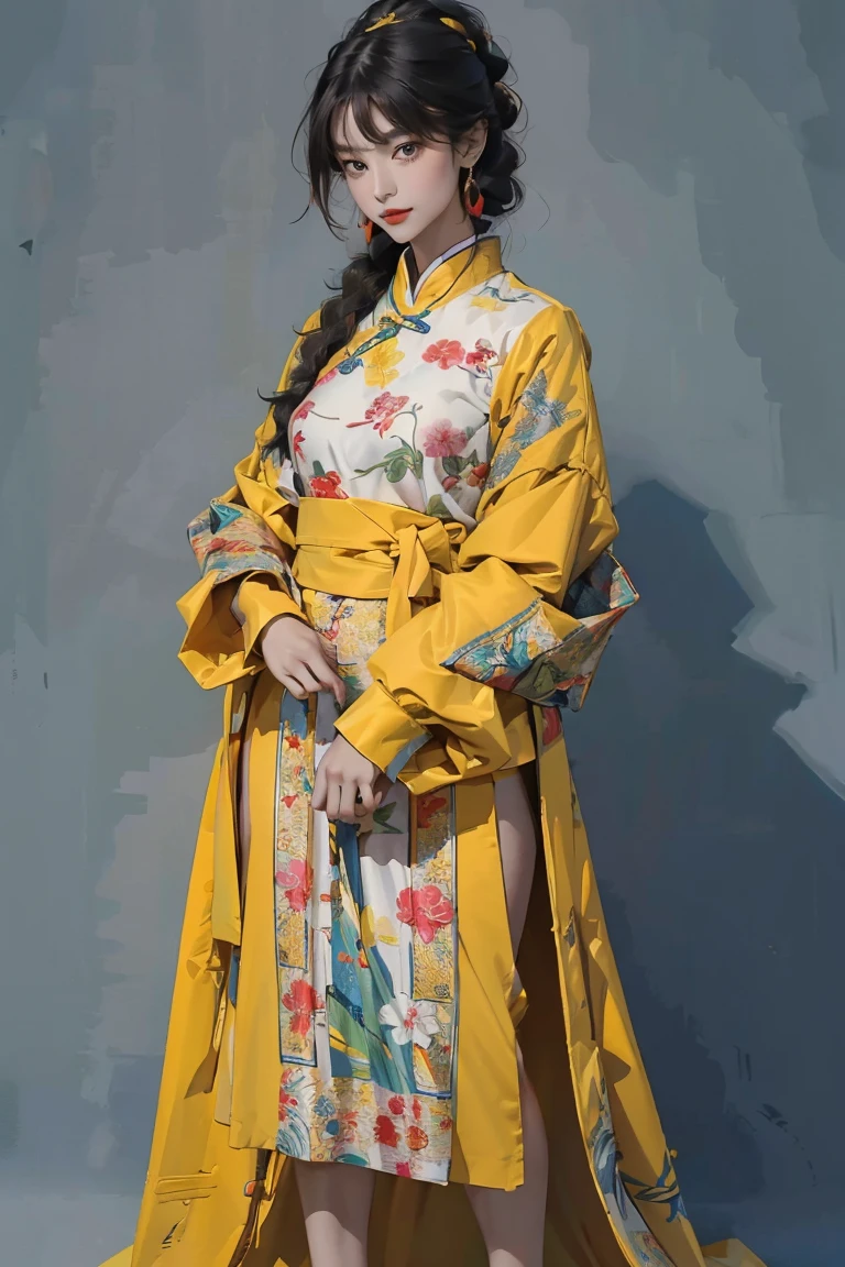 (Ultra-detailed, photorealistic, best quality, 4k, 8k, highres, masterpiece:1.3), (Vogue magazine cover), (Vogue Style Cover), 1 female, age 18, Chinese, tan skin, perfect body shape, creative and bold appearance, wearing an Avant-Garde Uighur Fusion Qipao - Chinese traditional clothes with Uighur-inspired patterns, experimental cuts and shapes, contrasting colors, intricate embroidery, standing confidently, full body showcase, no logos on background, an artistic and bold background, fusion of tradition and avant-garde fashion.
