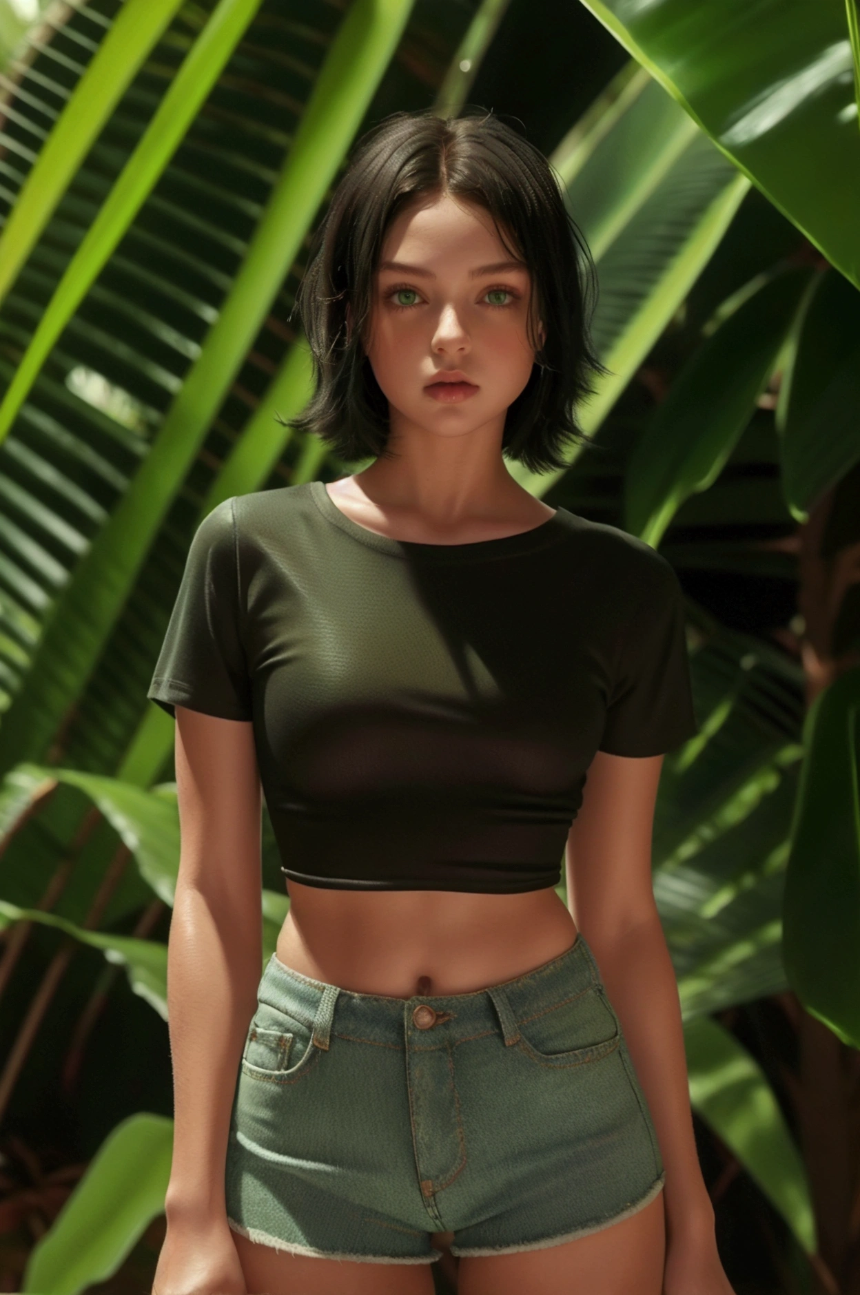 Style realistic,A 12 year old girl, short black hair, green eyes, rectangular face, triangular body wearing It Girl High Waisted Jean Shorts (Hot Pants) and a short dry fit t-shirt, exploring a tropical forest, muscular, hyper detailed, full hd, 4k, hyper realistic
