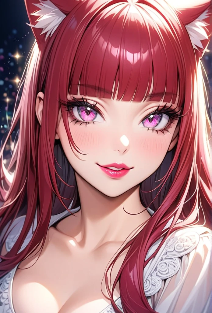 cowboy shot, minskirt, skirt (masterpiece), best quality, highly detailed face, (SHARP details), highly detailed, expressive eyes, SHARP detail expressive eyes, (SHARP detail perfect face), (cat ears), (pastel, cute, sparkles), maroon red hair,(shiny lipstick) (pink eyes), long hair, detailed face, medium breasts, long eyelashes, mature, (smirk, closed lips, big plump lips, eyeshadow) shiny skin, beautiful eyes,(detailed eyes, sharp eyes, clear pupils:0.8), blunt bangs, wispy bangs, naughty look