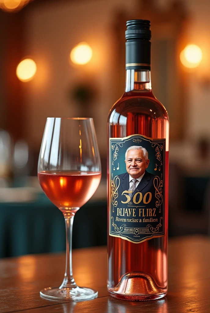 Personalized label on rose wine that says my 90 years CESAR CRUZ PAPASHE thank you for attending with musical notes man 
