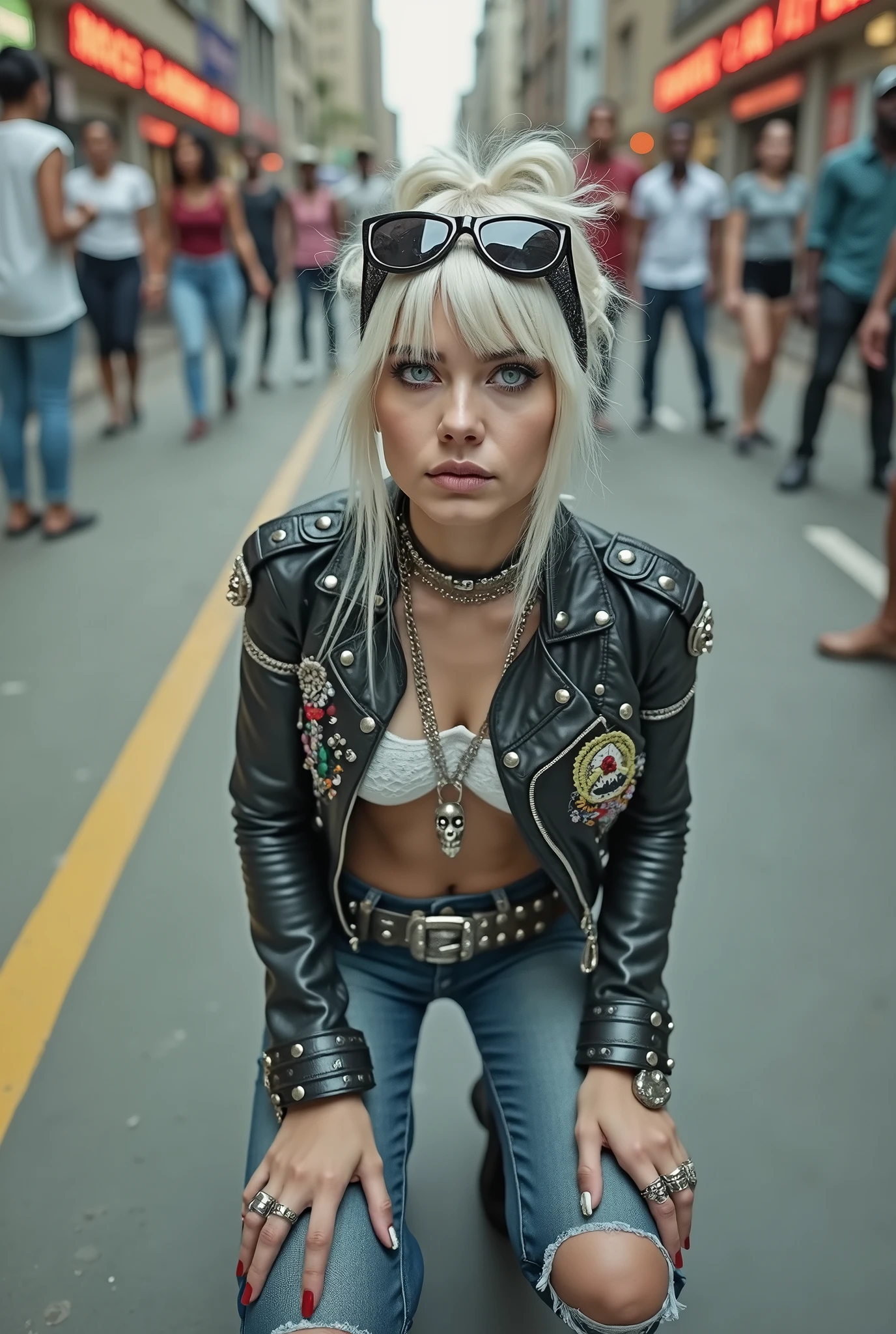 russian old milf woman, blonde platinum hair (top bun and big maxi sunglasses as headband), with very light blue eyes, extremely pale. Wearing studded cropped black moto jacket (skull and moto club patches), black and white lace push up bra, dark skinny low rise blue jeans with patched holes . Lots of thick wide studded  bracelets, chain collars and big rings. Tacky wide studded leather belt with big skull and bones round buckle. Long earrings with chains. Kneeling, begging for some ice cream in a hot, crowded street of Nairobi.  showing off bracelets and rings. Looking at the camera, Listening to somebody eating an ice cream she craves for, toned abdominals, thin neck, slim legs and thin arms. Narrow hips. 