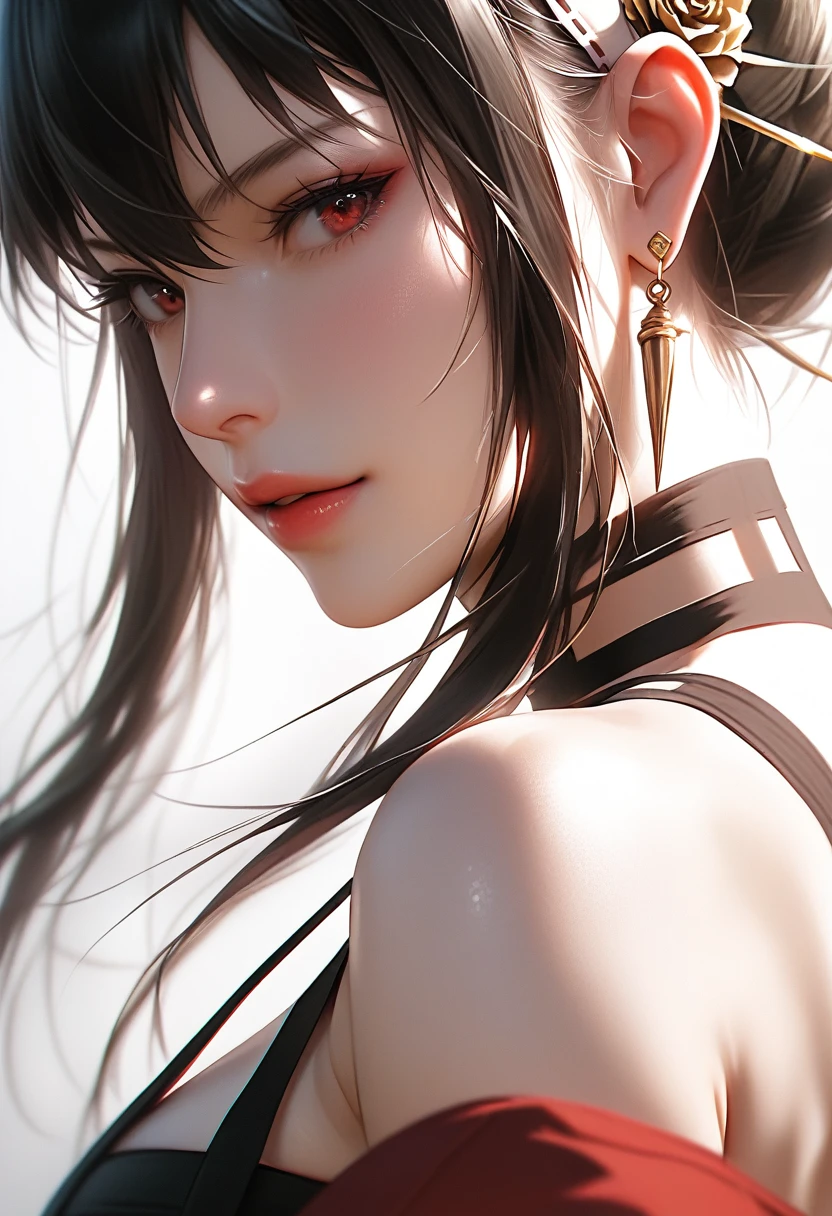 score_9, score_8_up, score_7_up, Girl's profile picture, realistic skin texture, detailed picture, close-up, HD32k, yor briar, black hair, sidelock, white hairband, red eyes, bare shoulders, japanese clothes, sleeveless, choker, sash, armband, ninja,Painstaking Attention To Details