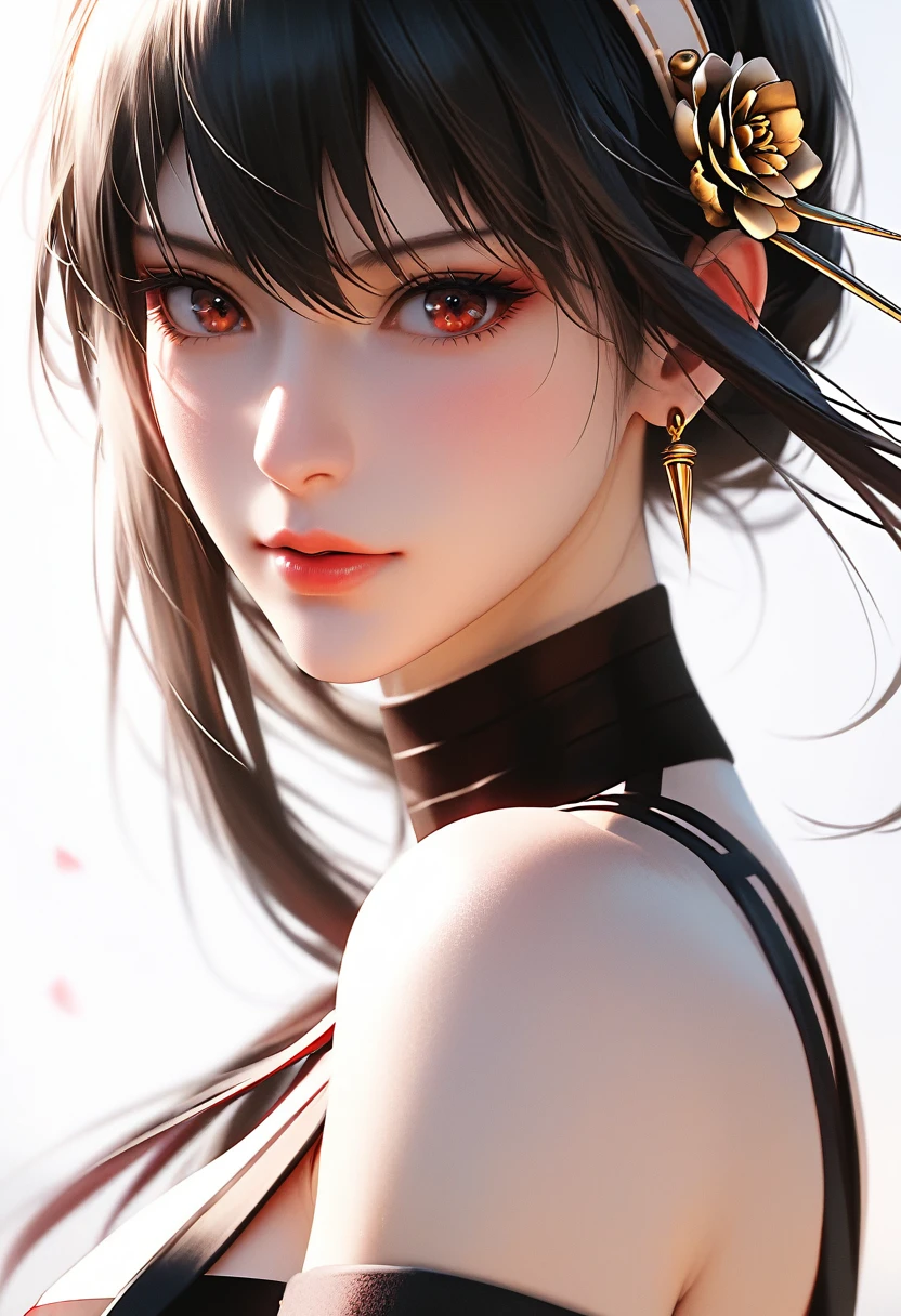 score_9, score_8_up, score_7_up, Girl's profile picture, realistic skin texture, detailed picture, close-up, HD32k, yor briar, black hair, sidelock, white hairband, red eyes, bare shoulders, japanese clothes, sleeveless, choker, sash, armband, ninja,Painstaking Attention To Details