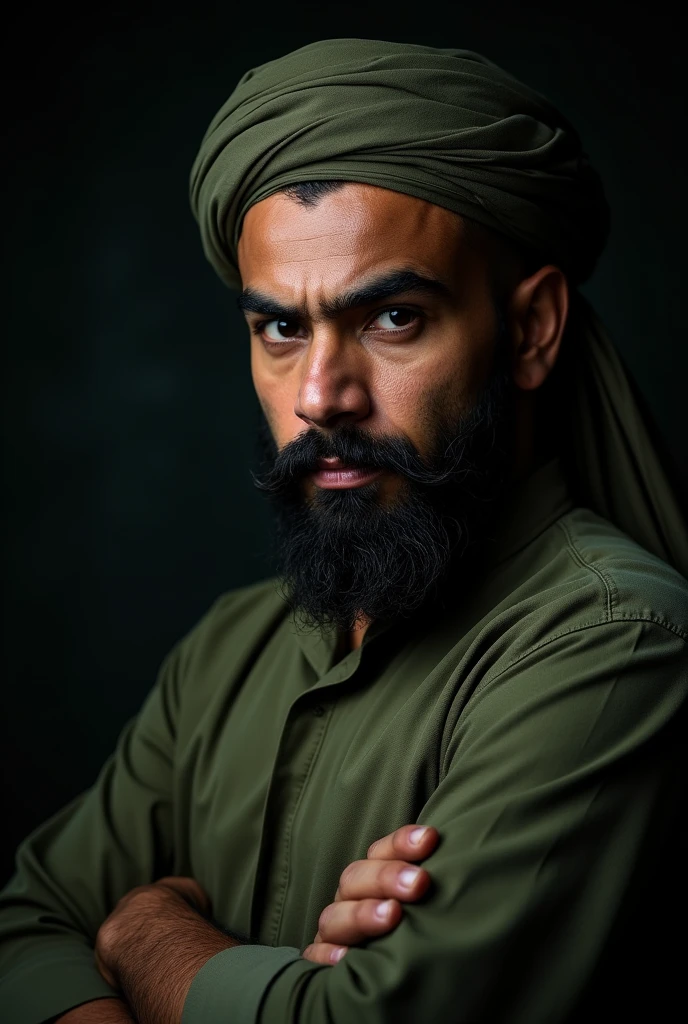 fierce Muslim man with a strong gaze, in the style of dramatic chiaroscuro lighting, showcasing determination and strength, intense facial expression, portrait photography with a Canon 5D Mark IV, close-up, high contrast, cultural theme, make his garments army green colour ( not too bright), i want to use it as youtube profile picture, use this same one you just did now but a full body one, head to toe