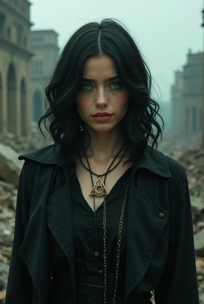 A woman young, with black, slightly wavy hair, half tanned skin, intense green eyes the shade of the killing curse with flashes of red, a smile on the corner of the mouth. His features would be a mix of Harry Potter and Tom Riddle when he was young.. She is standing in front of a landscape of a ruined city, with a necklace of the deathly hallows (the symbol of Grindelwald) in the neck 
