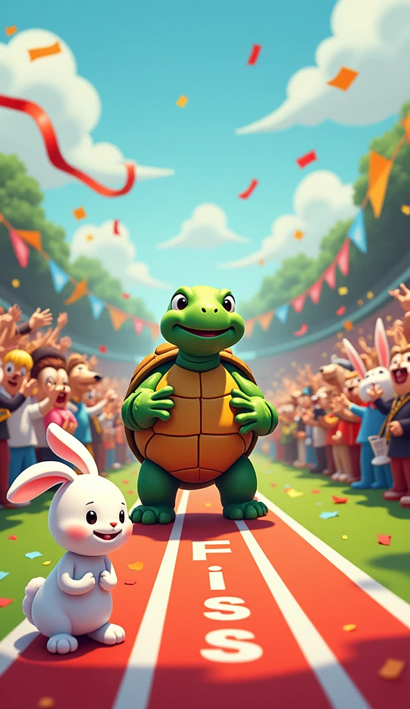 The tortoise stands proudly at the finish line, surrounded by cheering animals. The rabbit looks disappointed but is accepting the outcome.
The rabbit is white.
Show as cartoons