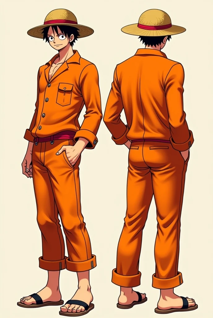 Monkey D. Luffy in orange prison uniform long sleeve front and back and left side and right side Original anime One Piece