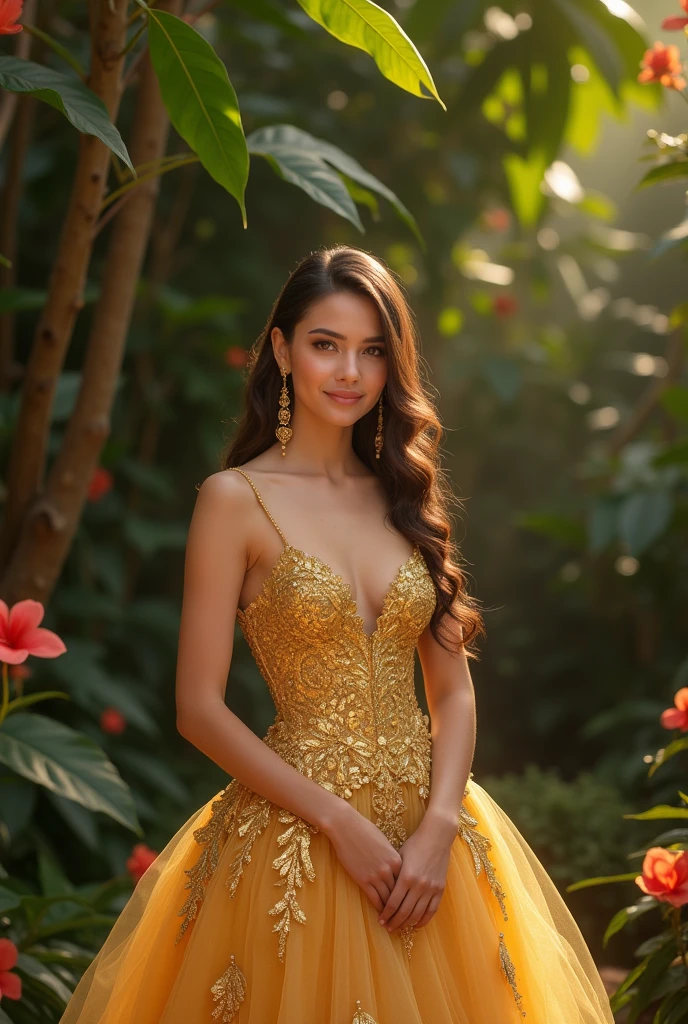 Brazilian woman in 3 year wedding anniversary dress 18k
