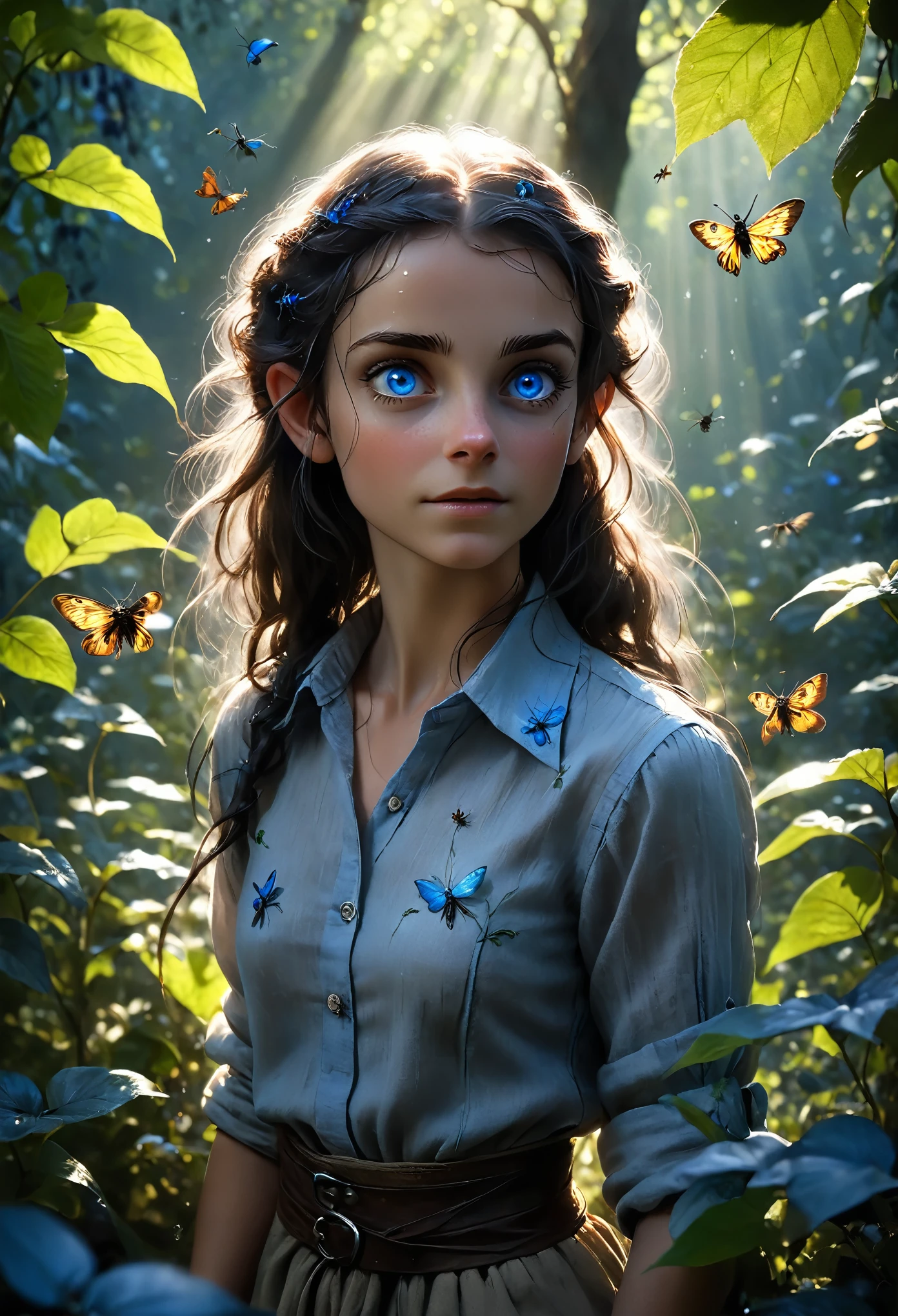 (Realystic:1.4), analog photo style, depths of field, (dark-haired Lightfoot Halfling with blue eyes, wearing a linen shirt), (small leaves and insects got tangled in wet hair), wide waist, (her full body is a visual pleasure), view from above, extremely sexy, dark fantasy atmosphere, deep shadows with the some sun rays, a delicate balance between reality and fantastic, faded colours, great quality, Masterpiece, blurred gloomy background, naturally cinematic light, 16k quality, kodak porta 400, bokeh.