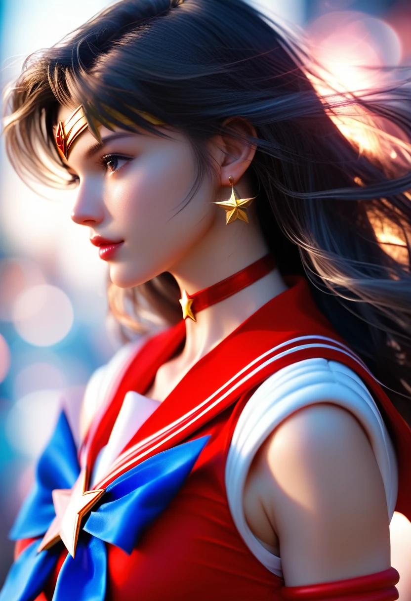 score_9, score_8_up, score_7_up, Girl's profile picture, realistic skin texture, detailed picture, close-up, HD32k, skirt, shirt, black hair, gloves, bow, jewelry, pleated skirt, earrings, sleeveless, choker, elbow gloves, bowtie, sailor collar, star (symbol), blurry, red bow, lips, blurry background, red skirt, magical girl, tiara, circlet, realistic, star earrings, sailor senshi uniform, red sailor collar, hino rei, sailor mars