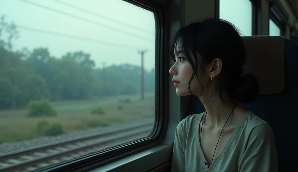 a woman looking at the train window thoughtfully