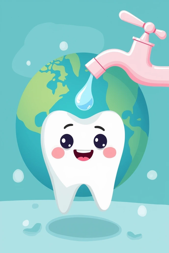 Save water while brushing your teeth cartoon tooth animated water drop open tap planet