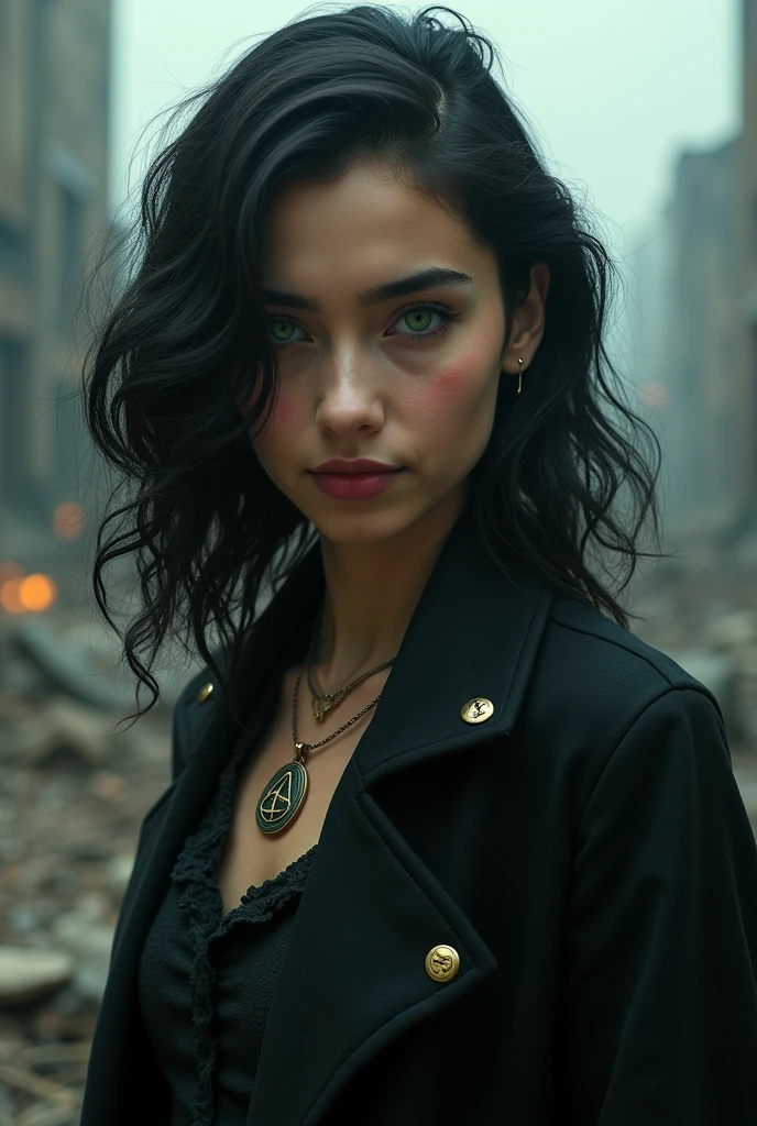 A woman young, with black, slightly wavy hair, half tanned skin, intense green eyes the shade of the killing curse with flashes of red, a smile on the corner of the mouth. His features would be a mix of Harry Potter and Tom Riddle when he was young.. She is standing in front of a landscape of a ruined city, with a necklace of the deathly hallows (the symbol of Grindelwald) in the neck 