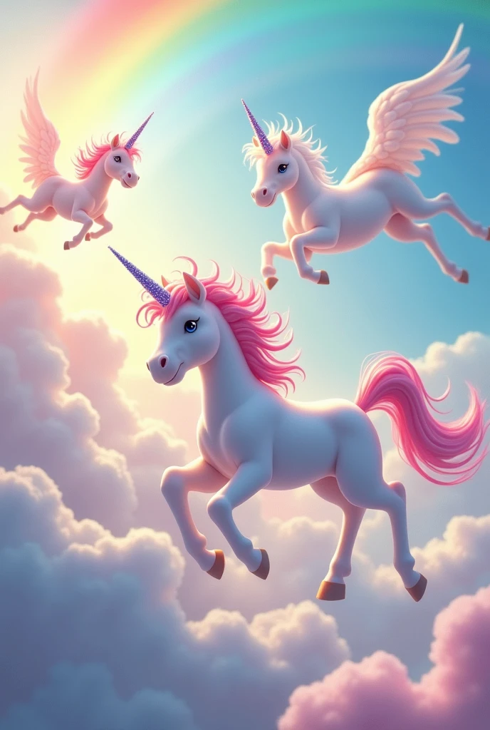 Multiple unicorns flying with clouds and rainbows, in a colorful and bright place.