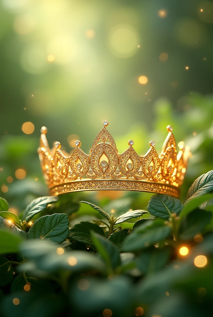 View of golden tiara. Backgroumd should be light green plants with gold sparkles