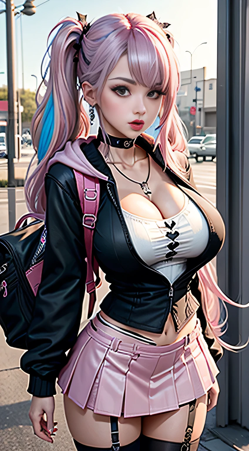 sfw, (((of the highest quality: 1.4))),(unparalleled masterpiece ever), (Ultra high definition),(Ultra-realistic 8K CG), offcial art、 (((adult body, accentuated super huge enormously gigantic , cleavage showing))), (((1girl in))), ((( very long hair in pigtails ))), Punk girl with a perfect body, school girl uniform school girl skirt and backpack with lots of straps buckles and zippers,Beautiful and well-groomed face,Fancy makeup,Detailed punk fashion,school girl uniform and school girl skirt, (Image from head to thigh),((Platinum pink hair )), Harajuku-inspired hooded jacket, Simon Bisley's urban savage style,Detailed street background of school classroom,Clean abs, Complex graphics, dark pink with white stars and gray and white stripeany poisonous tattoos )), piercings, wearing bra,((skinny waist)), young asian girl, ((big breasted)),ted)),