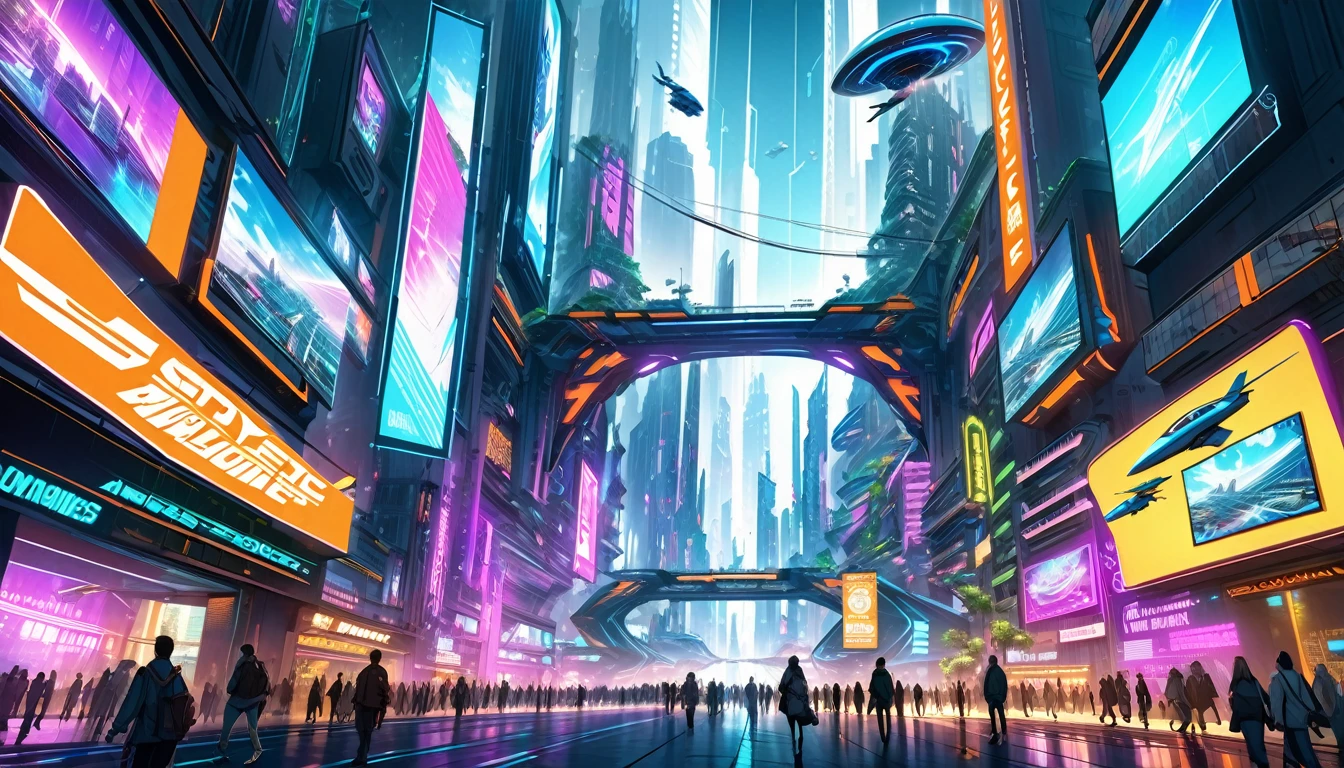 a callejones ecofuturistic city, futuristic city with big skyscrapers, holographic screens, advertising posters, green city, detailed architecture, neon lights, vibrant colors, dramatic lighting, advanced technology, flying vehicles, people walking, best quality