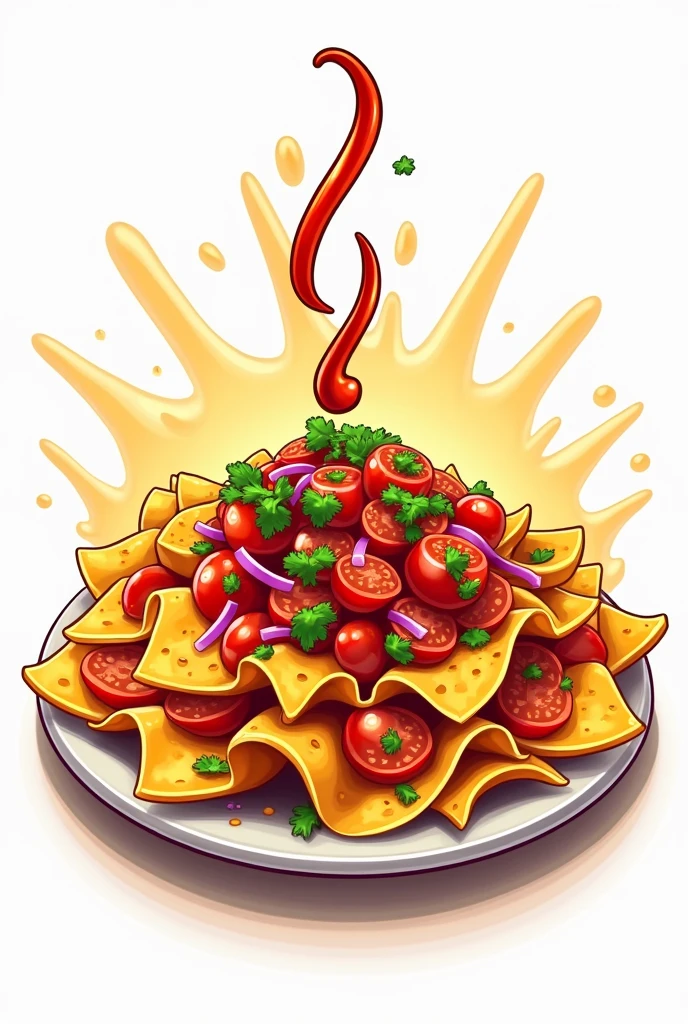 Mixed nachos with tomatoes, cilantro, Onion and sauce represented in a logo