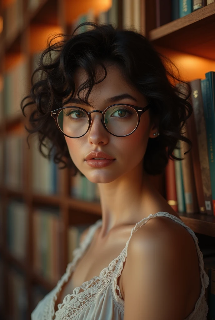 (photorealism:1.2), beautiful woman, short curly hair, with glasses, in library