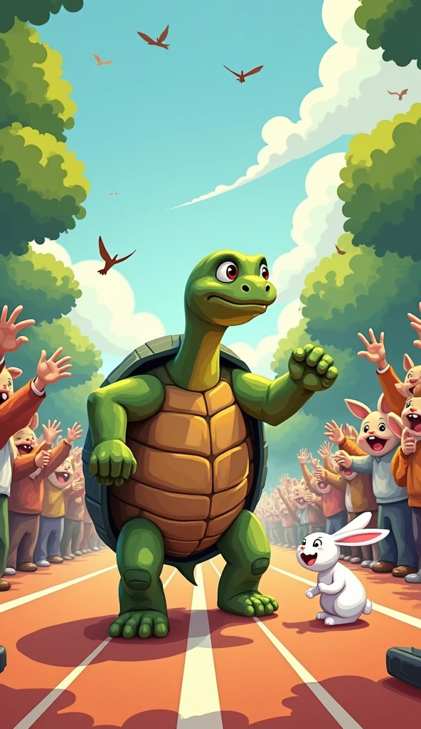 The tortoise stands proudly at the finish line, surrounded by cheering animals. The rabbit looks disappointed and sad.
The rabbit is white.
Show as cartoons