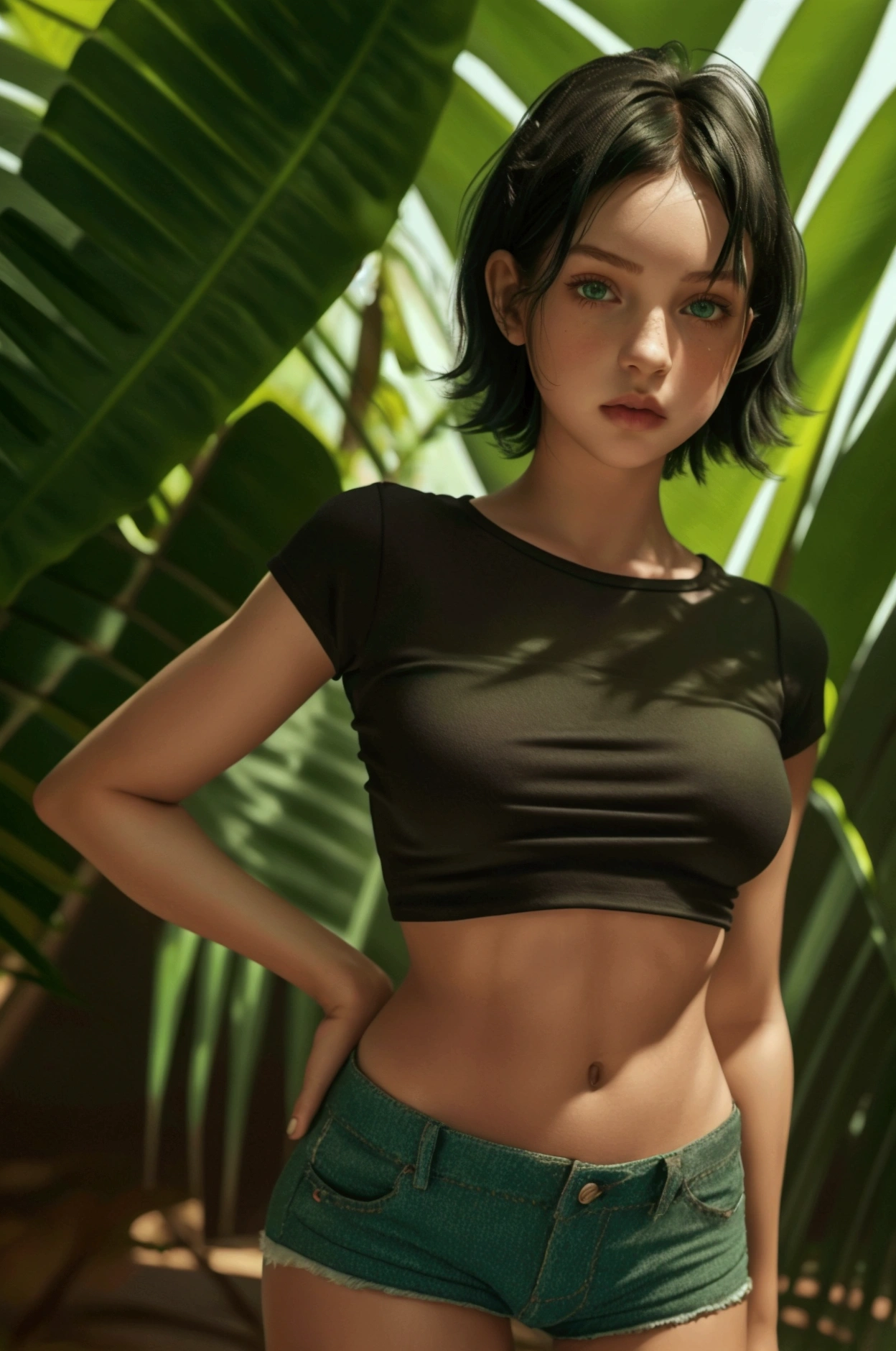 Style realistic,A 6 year old girl, short black hair, green eyes, rectangular face, triangular body wearing It Girl High Waisted Jean Shorts (Hot Pants) and a short dry fit t-shirt, exploring a tropical forest, muscular, hyper detailed, full hd, 4k, hyper realistic