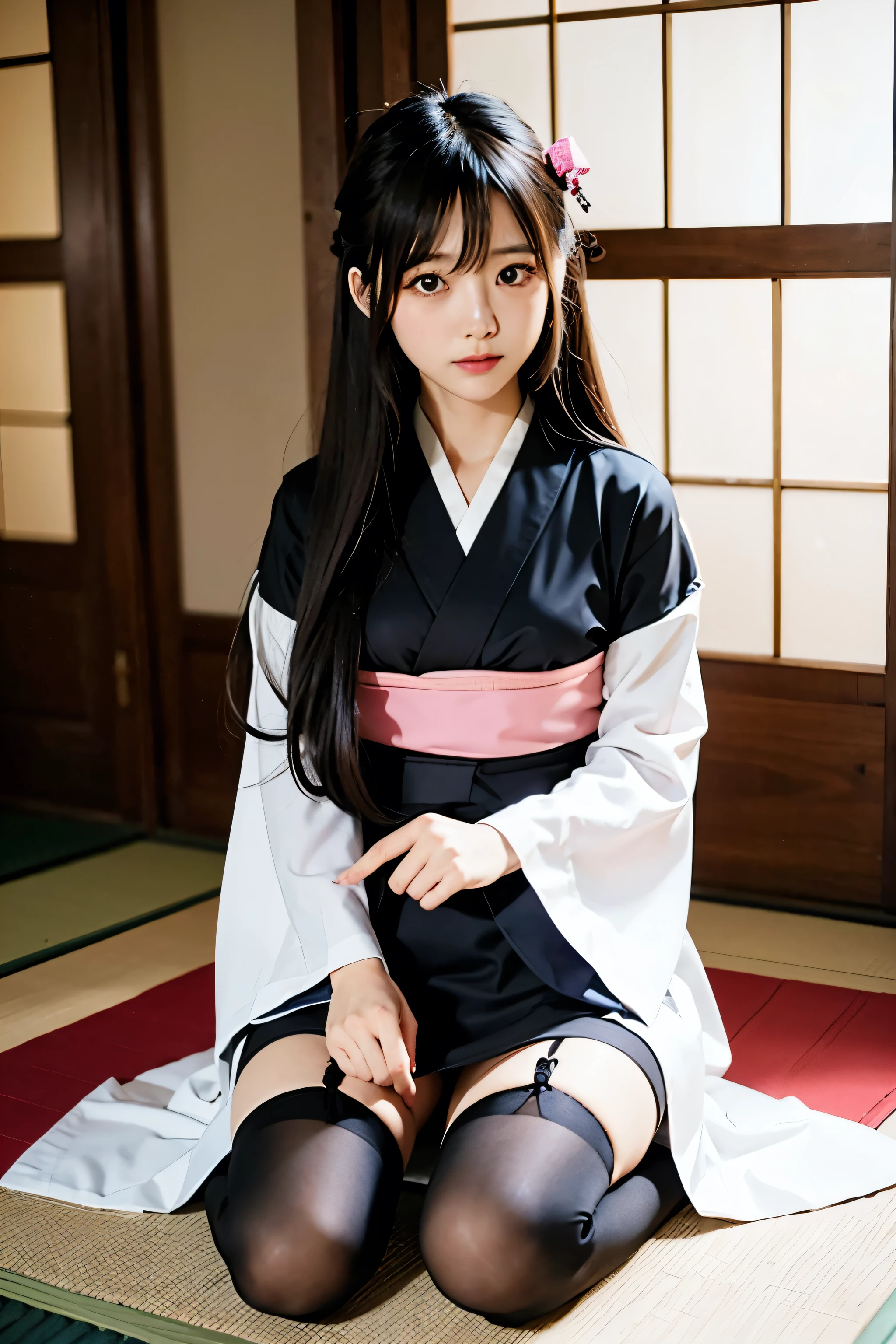 Japanese cute long hair girl yukata black stockings