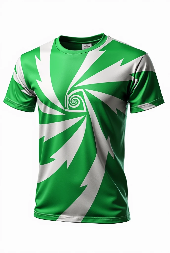 Plain green and white patterned t-shirt in a rebellious and chaotic style with sharp patterns and bold tones on a white background
