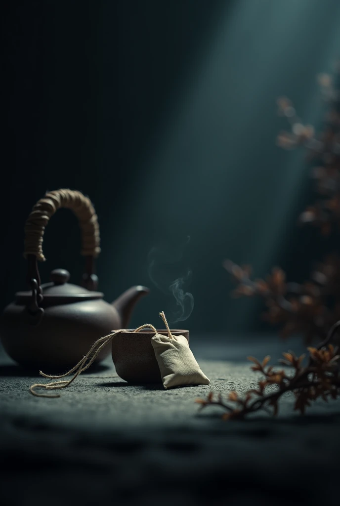 Could you make me a picture of a tea bag next to a kettle?, on a dark and cold night?