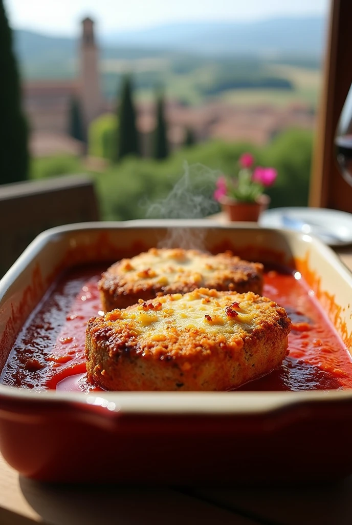 breaded filet mignon , that you can see the breaded and cheese crust nicely gratinated on a bed of sugo sauce in a.ceramic dish on a table with the background of the city of Tuscany