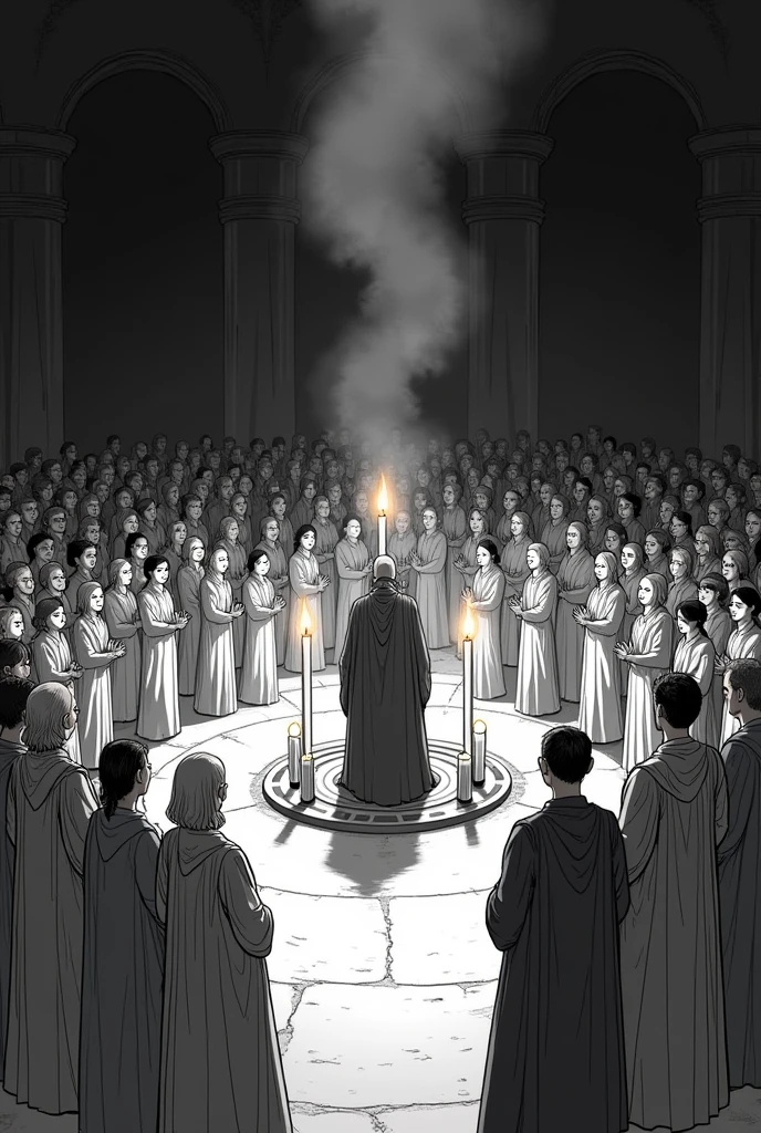 Create a lineart illustration Scene:Ceremony and Blowing Out the Candles: Show the moment when the guardian blows out the candle on the table and all the candles on the sides, symbolizing the end of the ceremony or the beginning of a new phase. The attendees applaud fervently, creating an atmosphere of celebration and anticipation. The scene can have a backdrop of dramatic lighting and extinguished candles, contrasting with the enthusiasm of the attendees.