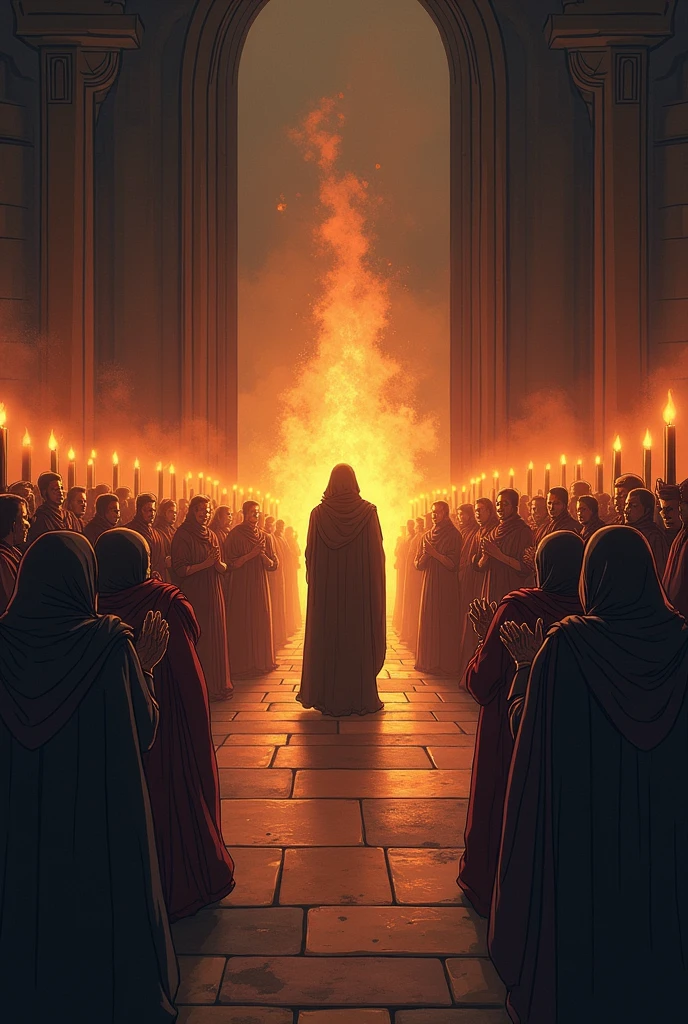 Create a lineart illustration Scene:Ceremony and Blowing Out the Candles: Show the moment when the guardian blows out the candle on the table and all the candles on the sides, symbolizing the end of the ceremony or the beginning of a new phase. The attendees applaud fervently, creating an atmosphere of celebration and anticipation. The scene can have a backdrop of dramatic lighting and extinguished candles, contrasting with the enthusiasm of the attendees.