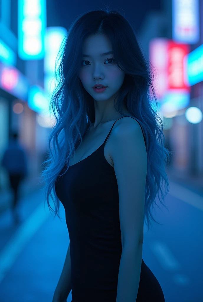 An image of a cute korean girl in black dress with long wavay black hair which transition to blue, with blue eyes, standing in cross leg position, in a street, with blue lights in the street. Full image till the feet