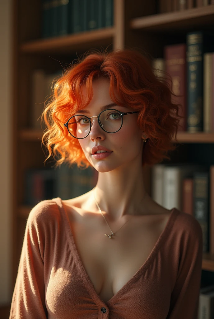 (photorealism:1.2), beautiful woman, short curly hair orange, with glasses, in library