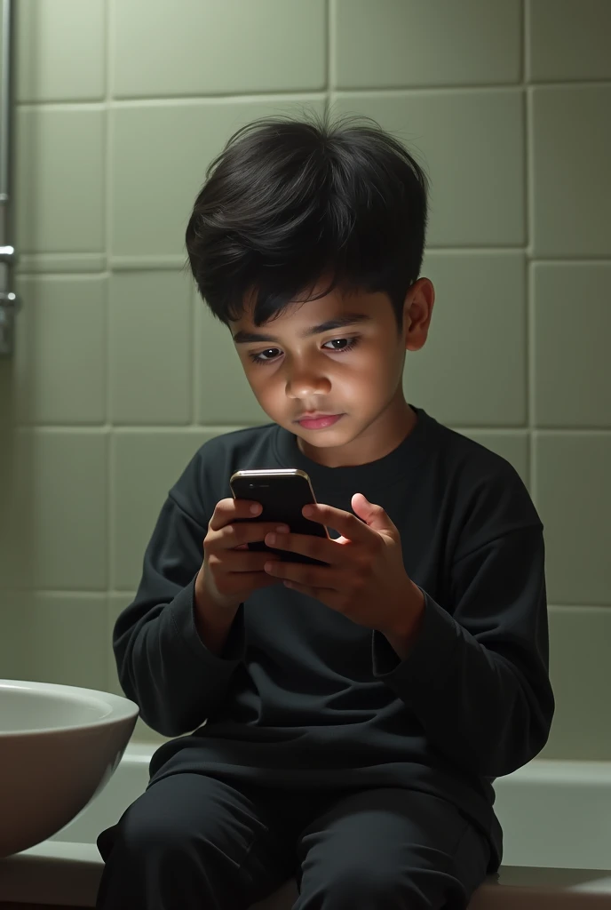 A i boy using phone in bathroom a real boy with black shirt