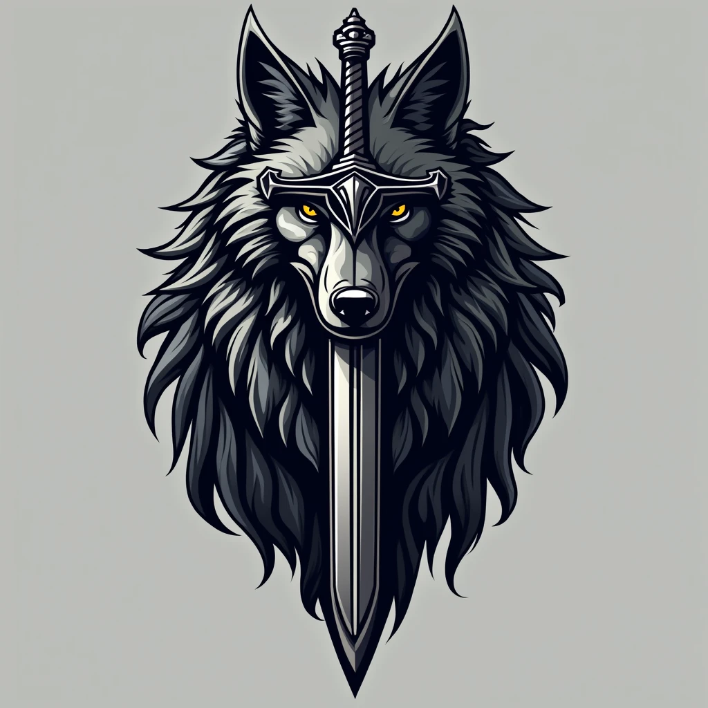 Create a logo for a studio use sword and wolf .