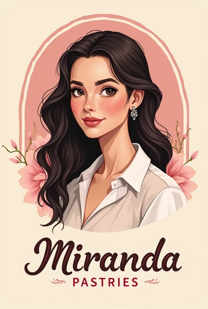 Create a company logo that says Miranda Pastries with a drawing of a white-skinned woman with dark hair and freckles on her face and that is related to pastry with pink colors.