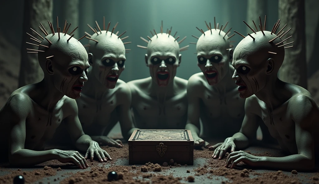 (Very old photograph only in sepia color), cenobitic characters from the movie Hellraiser, ((in medium full shot, low-angle ground view,)) ((LeMarchand Cube Puzzle)), black lipstick, scream and anger, (black eyeball), symmetrical cut on the face, nails nails in the head, frightened, horrified, terrified, insane, disgusting, disturbing, disturbing, Impactful, vintage, old film, (painting and surreal landscape inspired by zislaw Beksinski and Wayne Barlowe), director Fritz Lang credits, science fiction, dynamic composition, gritty textures, shadows and highlights, bright costumes, excitement and adrenaline, cosmic horror influences , sinister composition, macabre atmosphere, high contrast, deep shadows, mysterious atmosphere, vintage film grain effect, horror elements, retro film noesthetic, monochromatic color scheme, elements of suspense and mystery, of the mind Creative by Fritz Lang, eye-catching visuals, innovative visual effects, gripping plot, thrilling horror with a twist. photorealistic, cinematic film, Ultra detailed, RAW photo, cinematic, artstation style, concept art, masterpiece, 8k, black and white, realistic textures, 3D rendering.